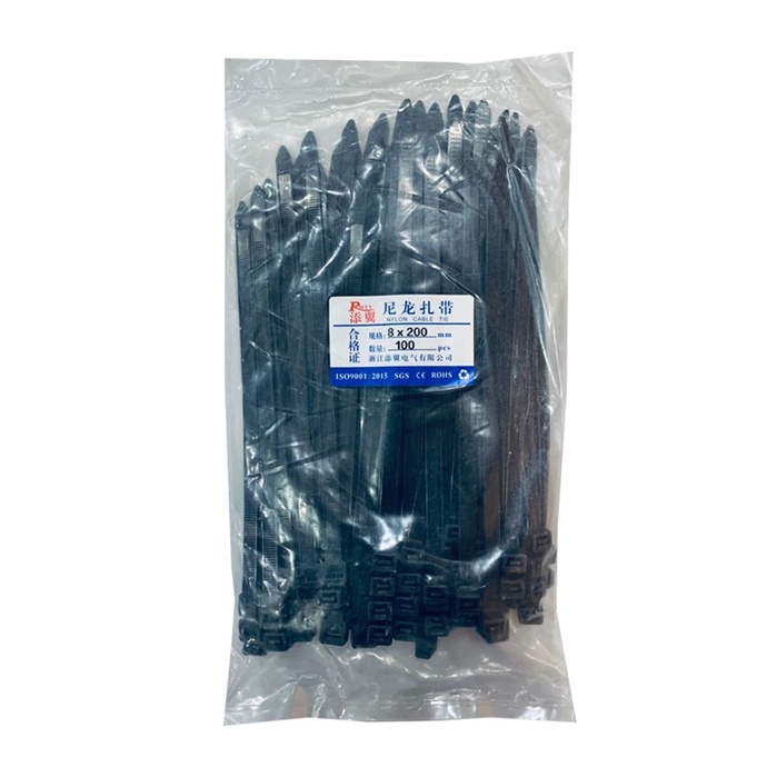 100Pcs Self-Locking Black Nylon Cable Tie Pengikat Kabel 200mm 8"  TC201