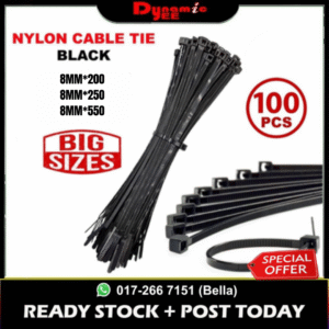 100Pcs Self-Locking Black Nylon Cable Tie Pengikat Kabel 200mm 250mm 550mm 8" TC201