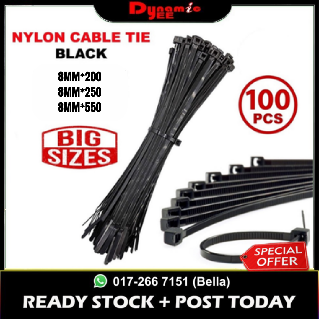 100Pcs Self-Locking Black Nylon Cable Tie Pengikat Kabel 200mm 250mm 550mm 8" TC201