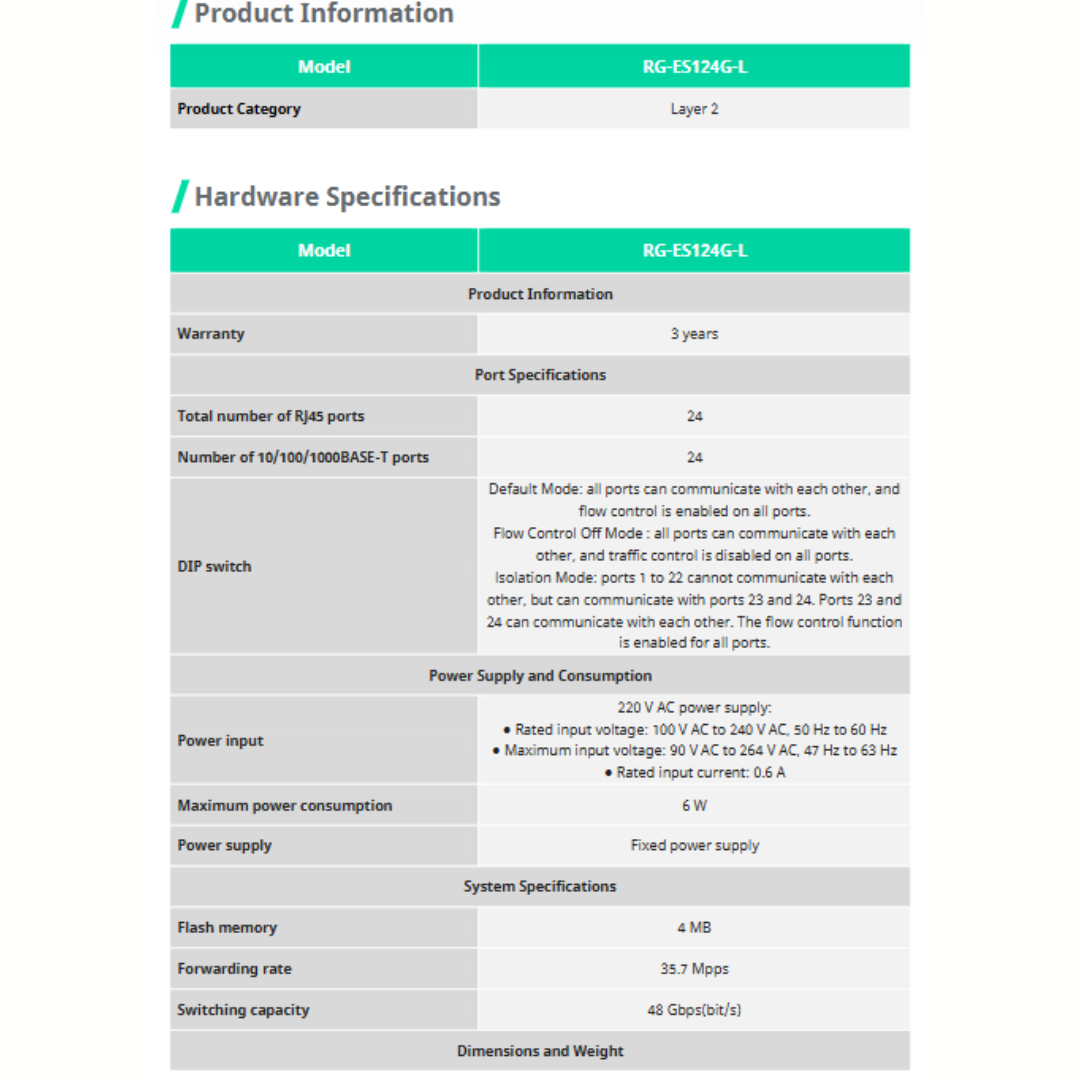 RUIJIE REYEE RG-ES124G-L 24-PORT 10/100/1000 MBPS UNMANAGED NON-PoE SWITCH RE101 - Image 8