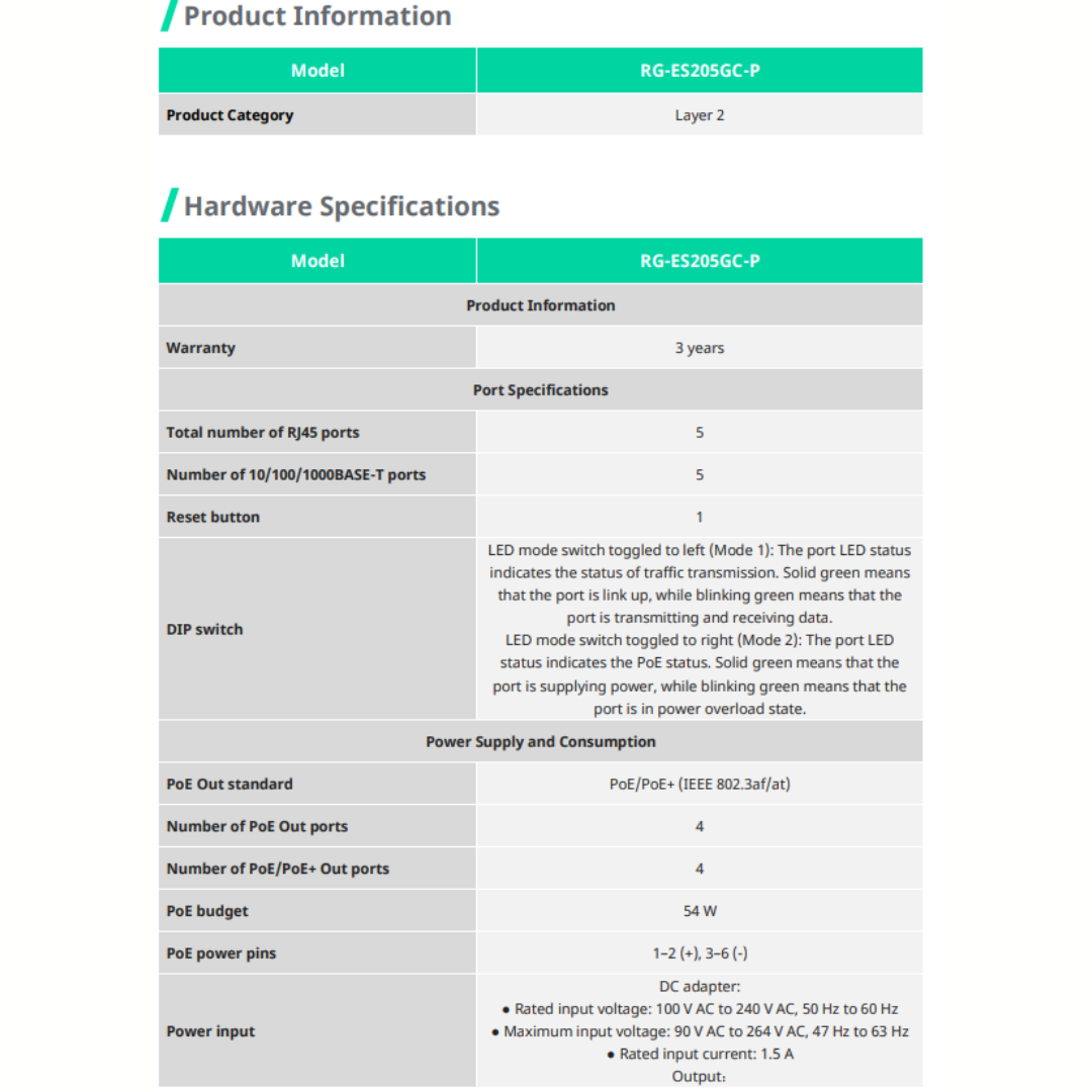 RUIJIE REYEE RG-ES205GC-P NETWORK 5-PORT GIGABIT SMART CLOUD MANAGED PoE SWITCH RE101 - Image 5