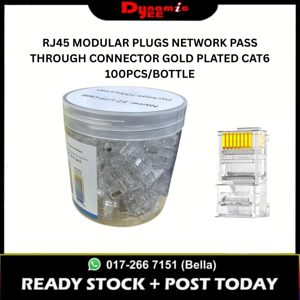 RJ45 MODULAR PLUGS NETWORK PASS THROUGH CONNECTOR GOLD PLATED CAT6 100PCS/BOTTLE RJ202