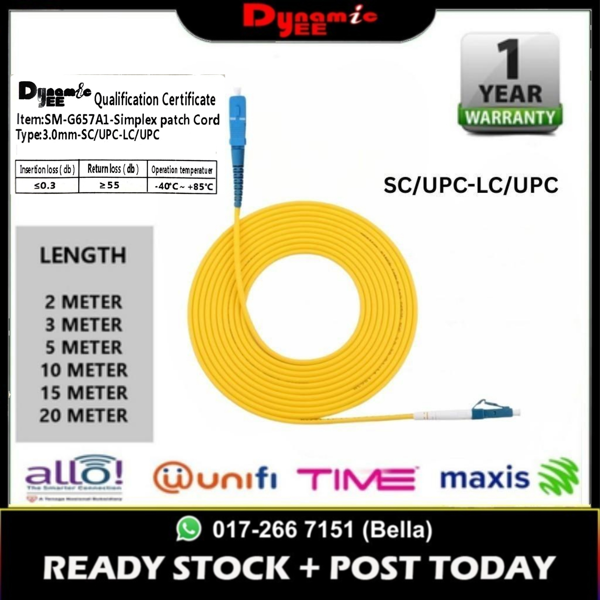 Patch Cord Single Mode SC/UPC-LC/UPC Simplex 3.0mm PC401