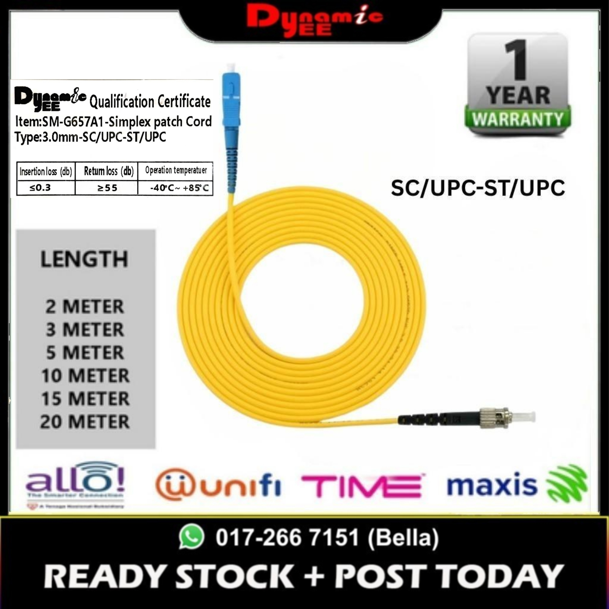 Patch Cord Single Mode FC/UPC-SC/UPC Simplex 3.0mm PC401