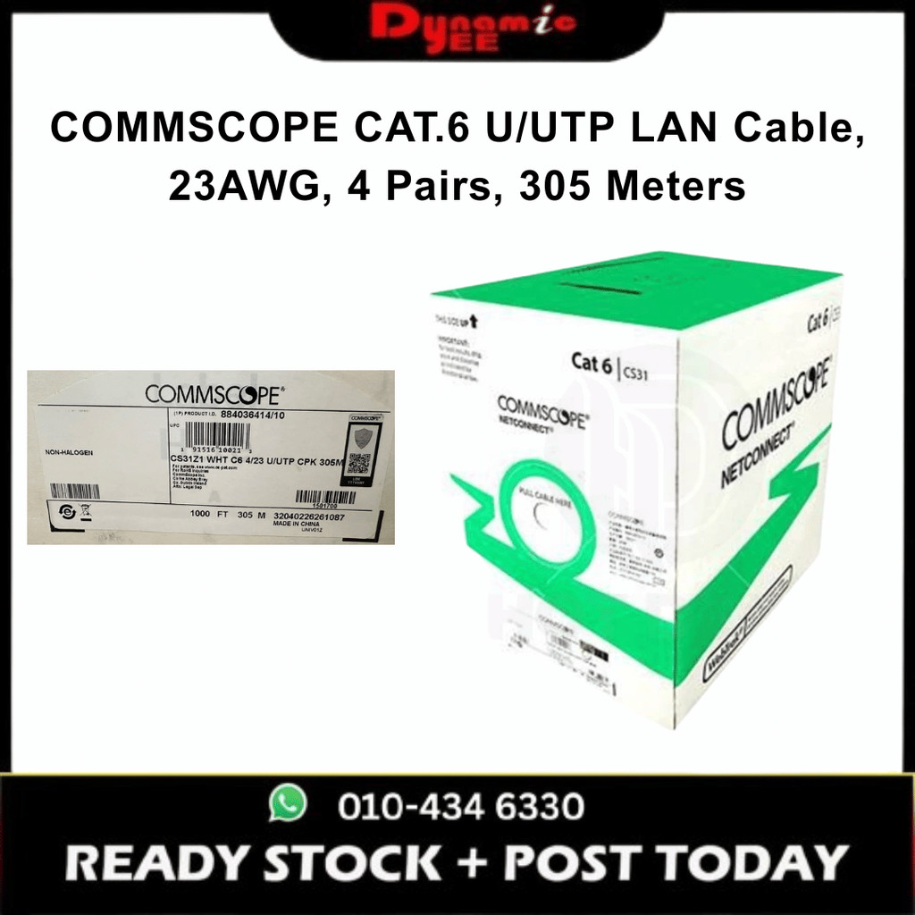 COMMSCOPE CAT.6 U/UTP LAN Cable, 23AWG, 4 Pairs, Solid Bare Copper, 884036414/10, 305 Meters NC302