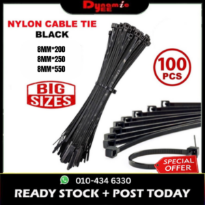 100Pcs Self-Locking Black Nylon Cable Tie Pengikat Kabel 200mm 250mm 550mm 8" TC201